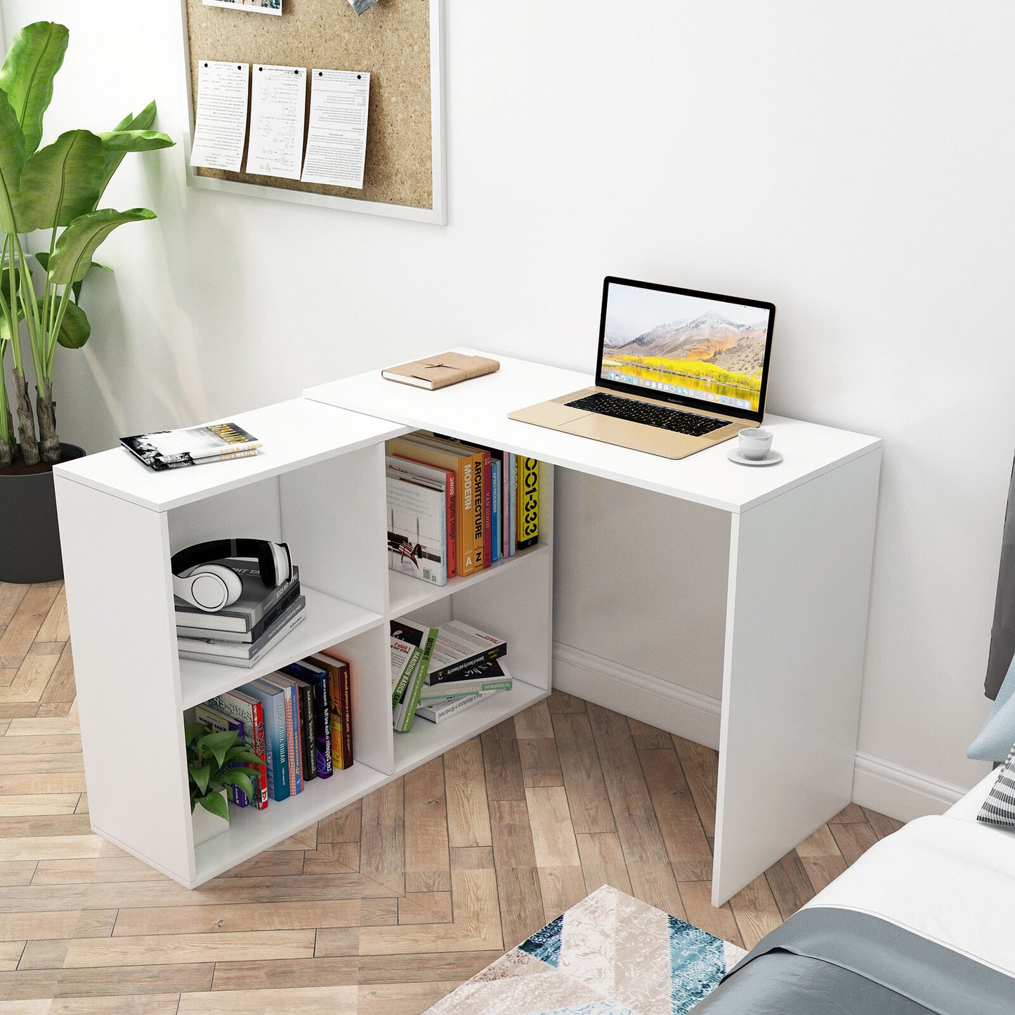 Maggen L Shape Rotatable Study Table, Computer Desk, WFH Office Table with Storage