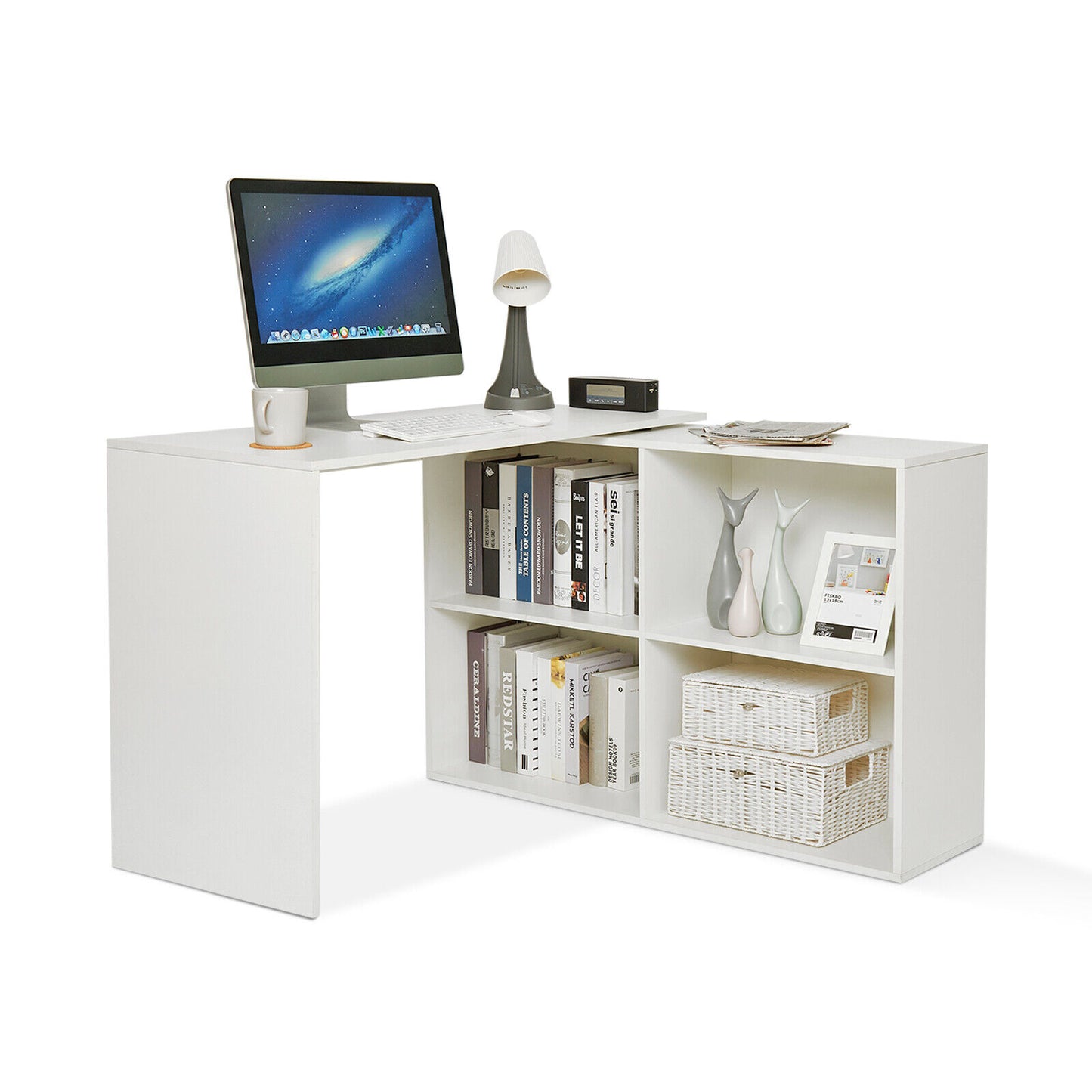 Maggen L Shape Rotatable Study Table, Computer Desk, WFH Office Table with Storage